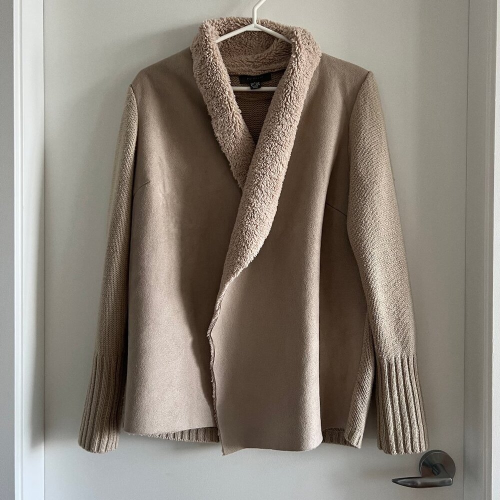 2/$20🛍Primark Open Front Cardigan Sherpa Collar with Knit and Faux Suede Camel